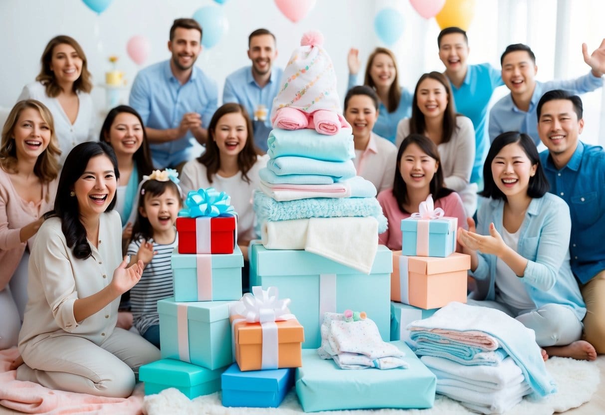 A joyful baby shower with gifts piled high soft blankets and tiny clothes surrounded by excited friends and family in Danish would be: En glædelig babyshower med gaver i en stor bunke bløde tæpper og små tøj omgivet af spændte venner og familie